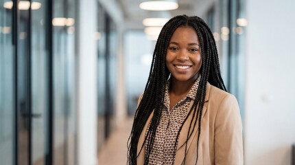 Confident African American Businesswoman Smiling in Modern Office Hallway