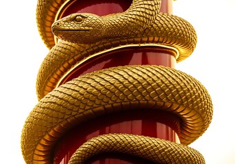 Luxurious Golden Snake Statue Coiled on Red Column Detail