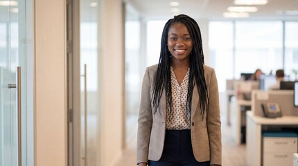Confident Young African American Businesswoman Smiling in a Modern Office
