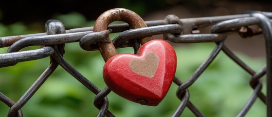 Red love padlock with heart symbol hanging on a fence in a park during daytime showcasing a moment of affection and commitment