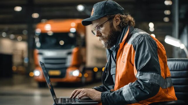 Medium shot of a delivery team leader analyzing realtime efficiency data on a laptop optimizing freight loads to reduce fuel consumption and costs.