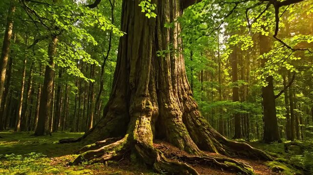 Showcase the expansive, gnarled root system of an ancient, majestic tree, highlighting its foundational strength and deep connection to the earth. Low angle perspective