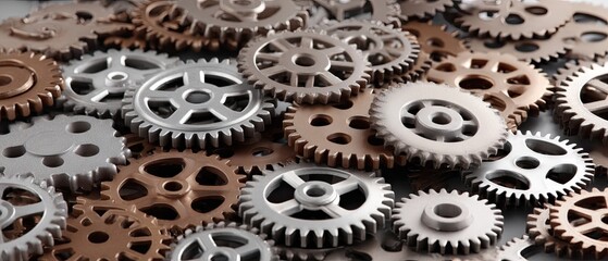 Gears made of gray metal scattered on factory floor with clear background for text or design