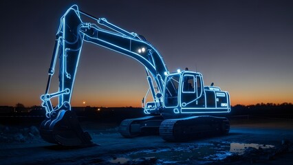 Neon lit excavator at dusk construction site with vibrant blue outlines