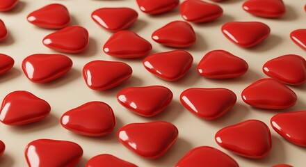 Red shiny heart shapes on beige surface