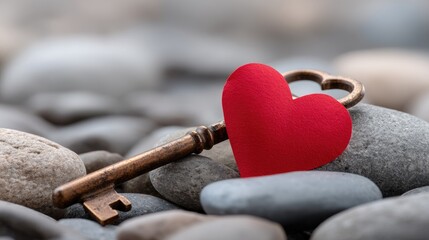 Rusty key lies on pebbles with red paper heart in the background, creating a simple yet meaningful scene with copy space for text