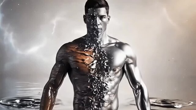 Abstract cinematic transformation where a male symbol melts into a metallic brutal figure, then evolves into a realistic human man, symbolizing strength and identity.