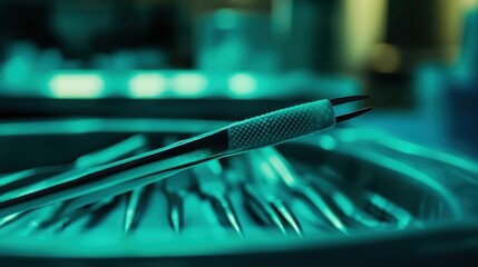 Close up on a metallic surgical instrument with a textured grip resting on a tray of similar medical tools in a teal illuminated setting