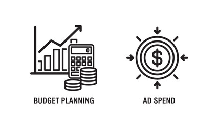 Obraz premium Icons for budget planning with charts and calculator, and ad spend with dollar sign and arrows, for finance and marketing.