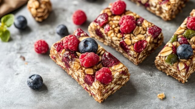Close up of two healthy energy bars topped with fresh raspberries and blueberries on a textured gray surface