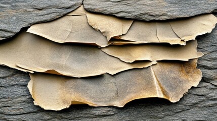 Close up view of textured weathered and brittle layered paper sheets showing cracks and wear