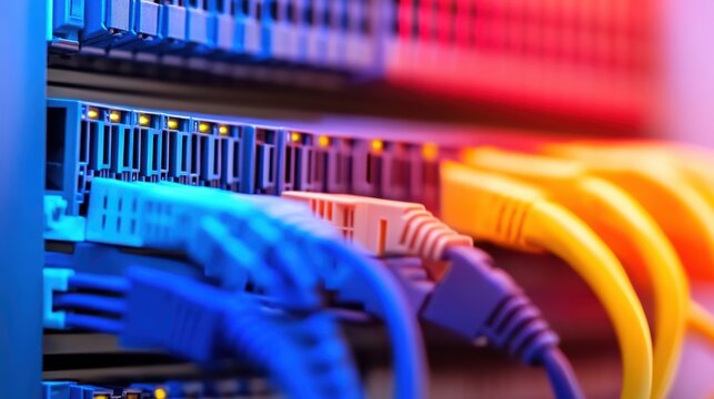 Close up view of a network switch with multiple colorful ethernet cables plugged into ports illustrating digital communication and data transfer - Powered by Adobe