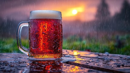 Beer, sunset, rain golden brew in a wet scene