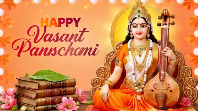 Happy vasant panchami with saraswati maa sitting on beautiful chair