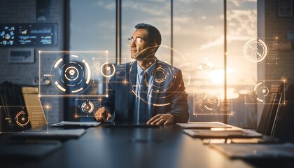 Businessman analyzing data with futuristic interface in modern office