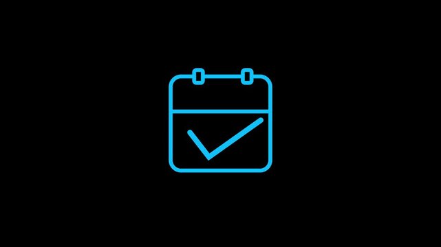 A simple blue outline of a calendar page with a checkmark inside a square, signifying a completed task or scheduled event on a black background