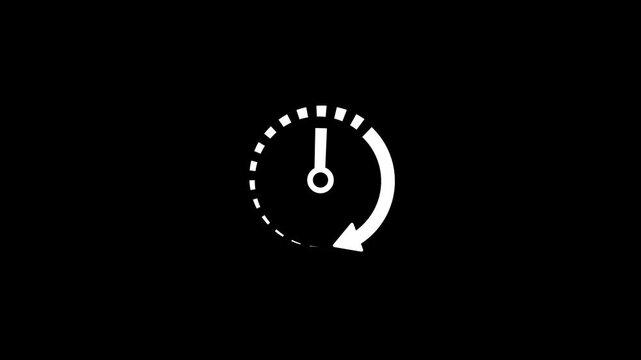 A white of a clock face with dashed segments and a curved arrow indicating a time duration or countdown against a solid black background