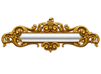 A highly decorative baroque-style golden frame element with blank silver center for text isolated on transparent background