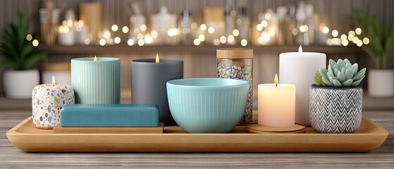 Soft lighting highlights candles and spa items on a wooden tray over a bathtub in a modern bathroom for relaxation in a home or hotel setting