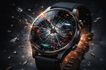 Close-up of a futuristic smartwatch with shattered glass display, flying debris and sparks, dramatic lighting emphasizing impact and damage