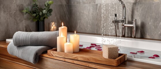 Create a relaxing bathroom setting with candles, spa accessories, and rose petals on a wooden tray by the bathtub for a personal retreat at home