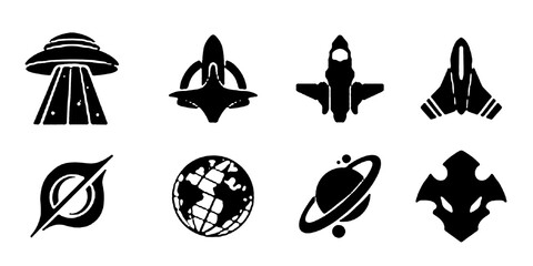 Space icon set, vector sci-fi cosmic retro futuristic sign, rocket launch, alien cosmic ship, helmet. Astronomy techno symbol collection, solar system, asteroid, astronaut silhouette. Space icon © thrash