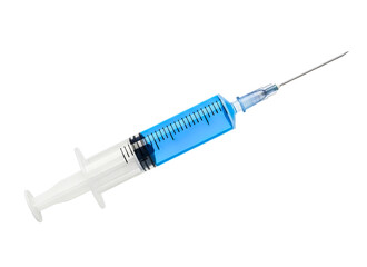 Fototapeta premium A medical syringe containing a dose of bright blue liquid, isolated on a black background isolated on transparent background