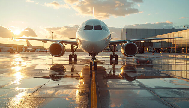 Airplane on Tarmac at Sunset: Front view of modern passenger airplane with sunset sky on the wet tarmac at the airport.