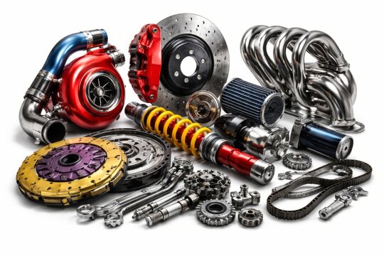 Assortment of high-performance automotive parts including turbocharger, brake disc, clutch kit, suspension coilover, and exhaust manifold on white