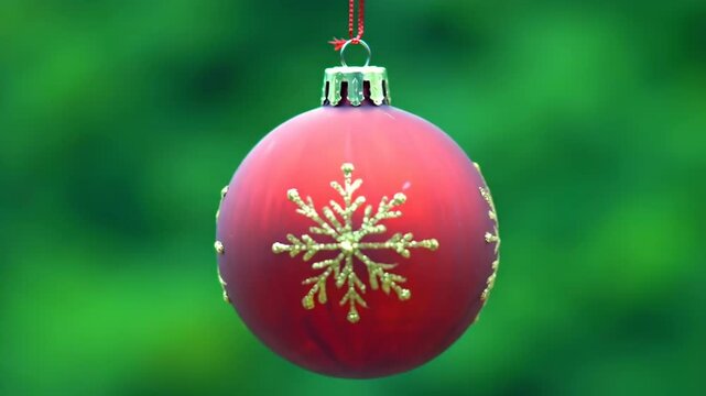 Red christmas ornament with gold snowflakes hanging on a red string outside