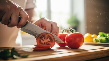 Close-up of hands slicing a fresh red tomato on a wooden cutting board in a kitchen