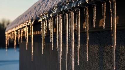 Close-up of icicles hanging from a snow-covered roof, illuminated by golden sunlight