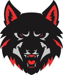 Fierce black wolf head with sharp red and gray accents, bared teeth