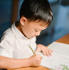 Seven-year-old Asian boy focused on doing homework and writing at a desk in a cozy home setting