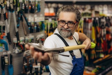 Mature man shopping for gardening tools in hardware store