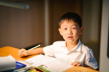 Seven-year-old Asian boy focused on doing homework and writing at a desk in a cozy home setting