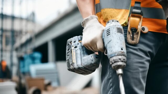 Building action at construction site with tools in hand during day time