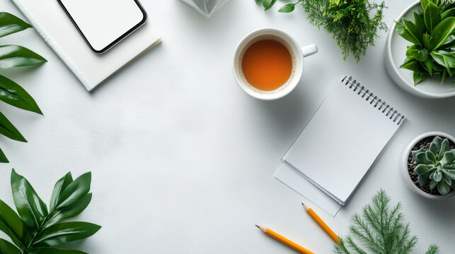A blank notebook and coffee table on a workspace.