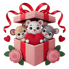 Cute Valentine Animals Inside Gift Box Illustration.
