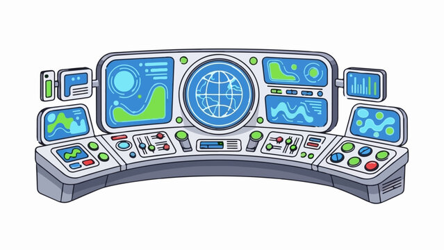 Futuristic control console with screens showing global data and graphs