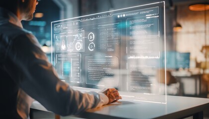 Professional man interacting with futuristic transparent screen displaying complex data and coding interface in modern office