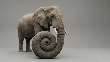 Naklejka premium A surreal and comical image of an elephant with a ridiculously long trunk curled up in a spiral. A wild animal of the jungle. Ivory tusks. Plain, neutral background.