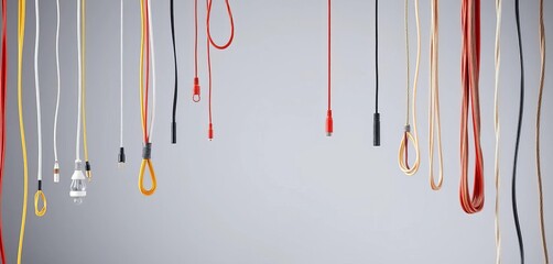Isolated hanging cables, various lengths and textures against plain background, nylon, suspension