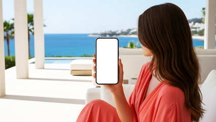 Hand holding mobile phone with blank white screen mockup in luxury beach resort with ocean view, woman using smartphone for travel app, summer vacation and digital lifestyle concept.
