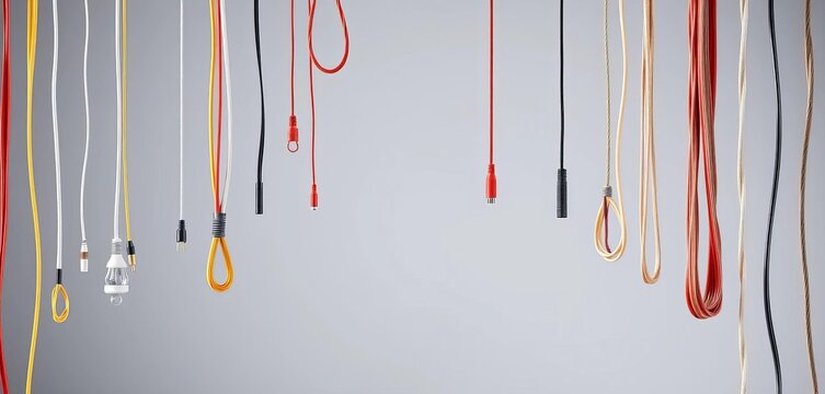 Isolated hanging cables, various lengths and textures against plain background,  nylon,  suspension