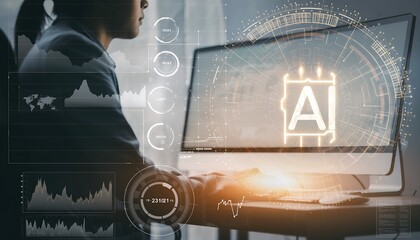 Businesswoman working on computer with AI interface and data analysis