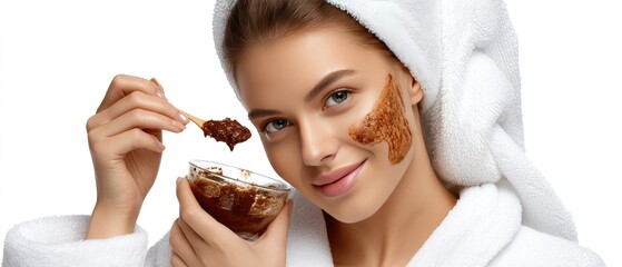 Young woman applies mud facial mask in spa treatment for skin care on isolated white background close to camera