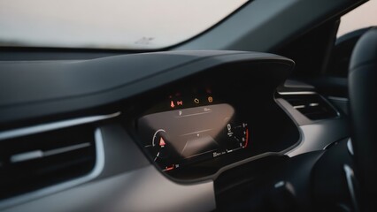 Interior view of a modern car dashboard with illuminated display and air vents