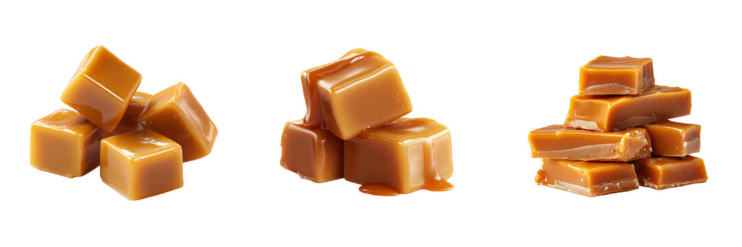 Three piles of chewy caramel candies with glossy surfaces isolated on a transparent background candy