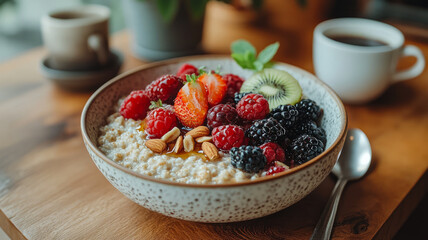 Homemade oatmeal with berries and fruit in a bowl on a wooden table. A healthy and balanced breakfast.